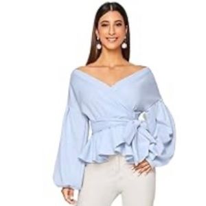 Shein Women's Long Sleeve V Neck Ruffle Blouse Off Shoulder; light blue